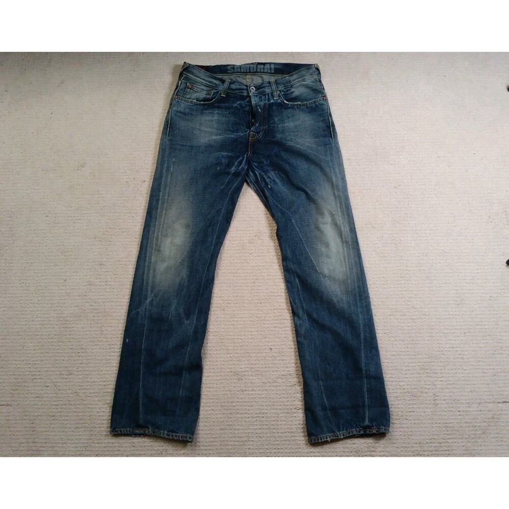 Evisu EU ED Samurai Distressed Jeans Mens 33W x 32L Made In Italy Button Fly